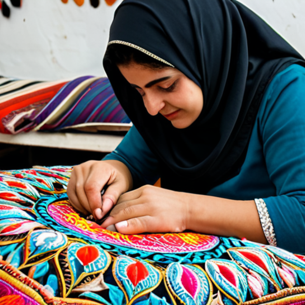 **

"A Palestinian artisan, fully clothed in modest traditional attire, carefully hand-embroidering a vibrant cushion cover with intricate floral motifs, safe for work, appropriate content, perfect anatomy, natural proportions, warm indoor lighting in a workshop setting, surrounded by colorful threads and fabrics, professional, modest, family-friendly, high quality, well-formed hands, proper finger count, natural body proportions."

**