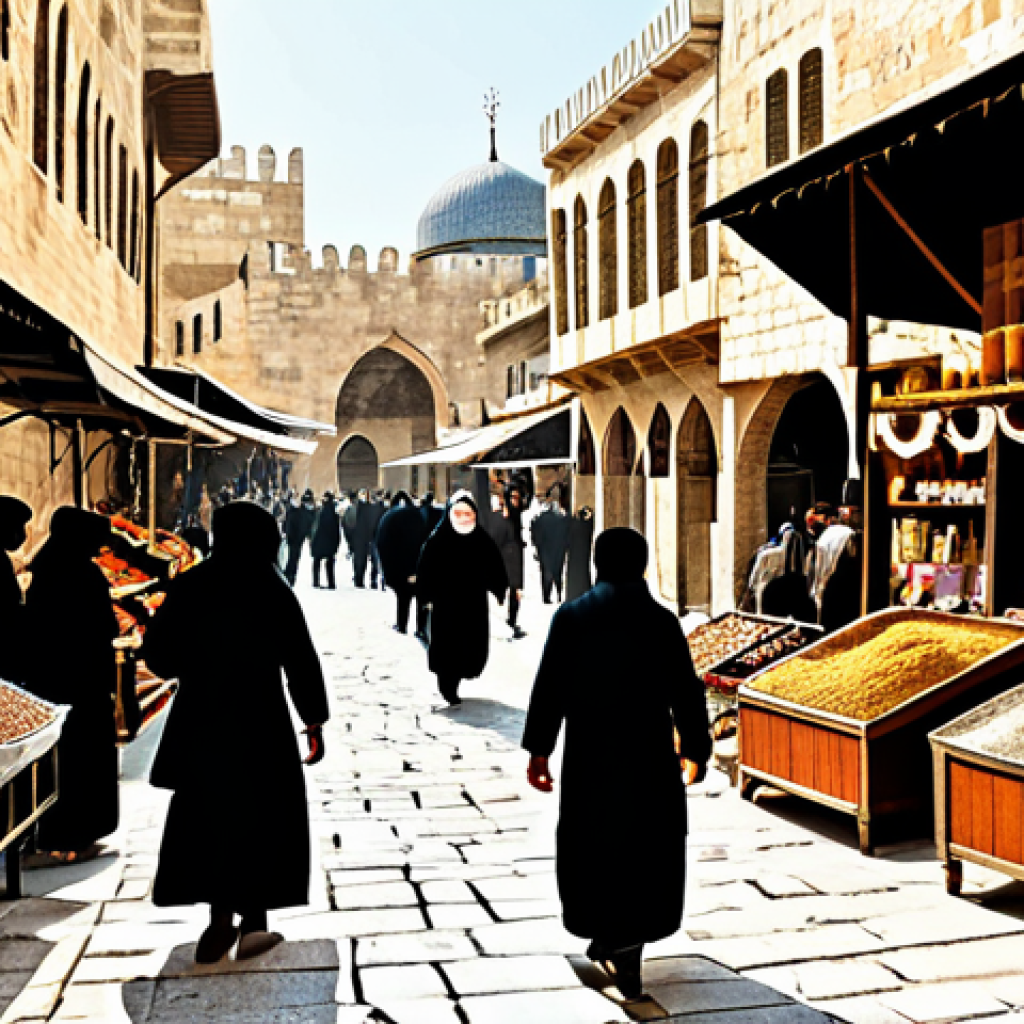 팔레스타인과 터키의 역사적 관계 - Ottoman Legacy**

"A bustling marketplace scene in old Jerusalem, featuring Ottoman-era architecture...