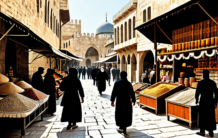 팔레스타인과 터키의 역사적 관계 - Ottoman Legacy**

"A bustling marketplace scene in old Jerusalem, featuring Ottoman-era architecture...