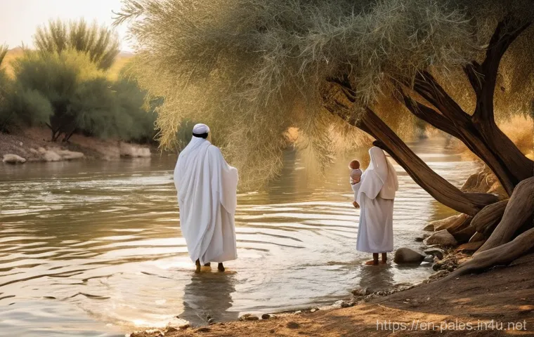 팔레스타인과 요르단강의 역사적 의미 - **Ancient Crossroads Marketplace:** A bustling ancient marketplace set at the confluence of Roman, G...