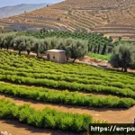 팔레스타인 경제 구조 - A vibrant rural Palestinian olive farm landscape during harvest season, showcasing local farmers—men...