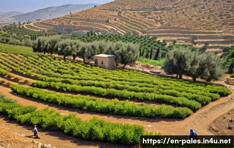 팔레스타인 경제 구조 - A vibrant rural Palestinian olive farm landscape during harvest season, showcasing local farmers—men...