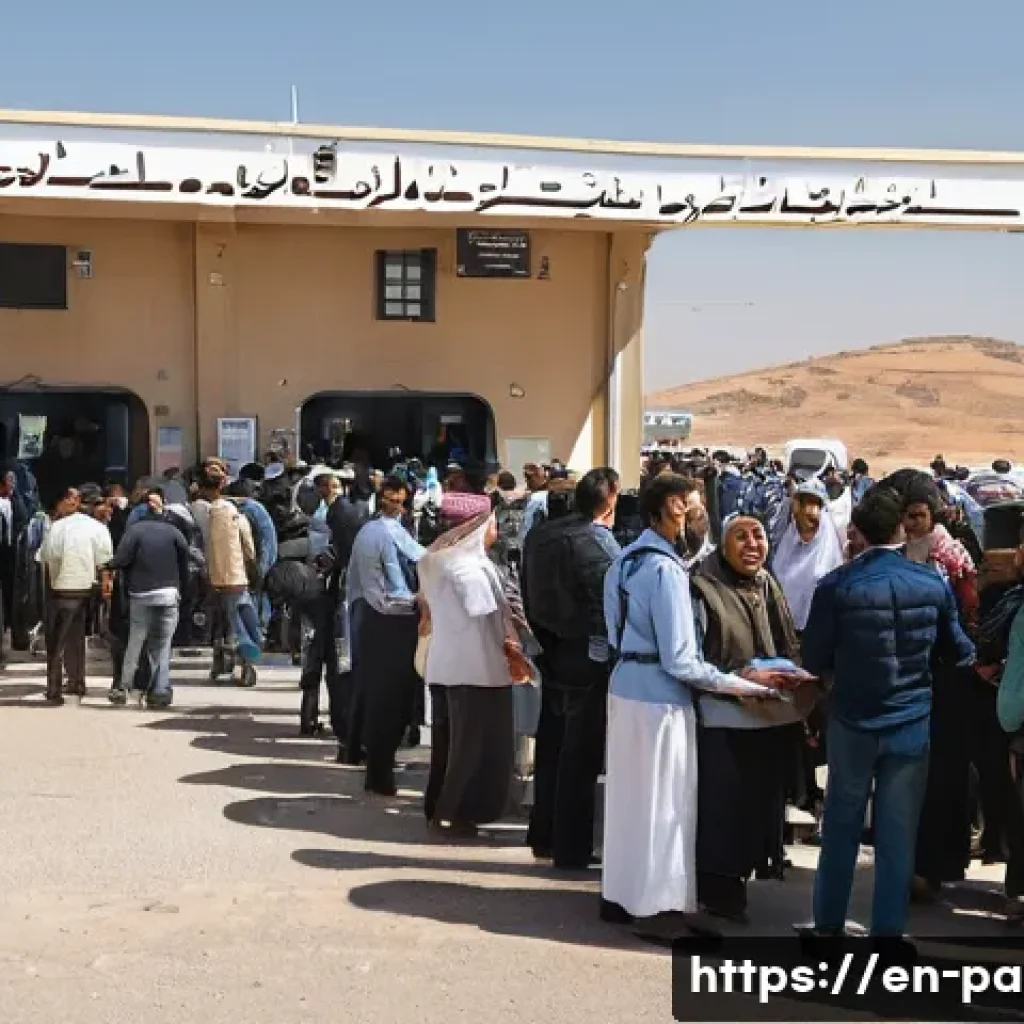 팔레스타인의 관광 비자 발급 가이드 - A detailed, realistic scene at a busy Middle Eastern border crossing between Jordan and Palestine du...