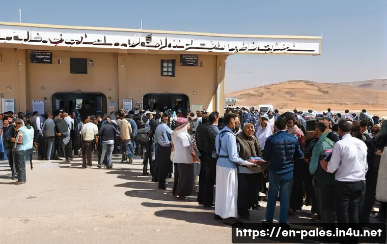 팔레스타인의 관광 비자 발급 가이드 - A detailed, realistic scene at a busy Middle Eastern border crossing between Jordan and Palestine du...