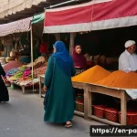 팔레스타인 관광 시 주의사항 - A vibrant Palestinian street market scene during the day, with men and women dressed modestly in loo...