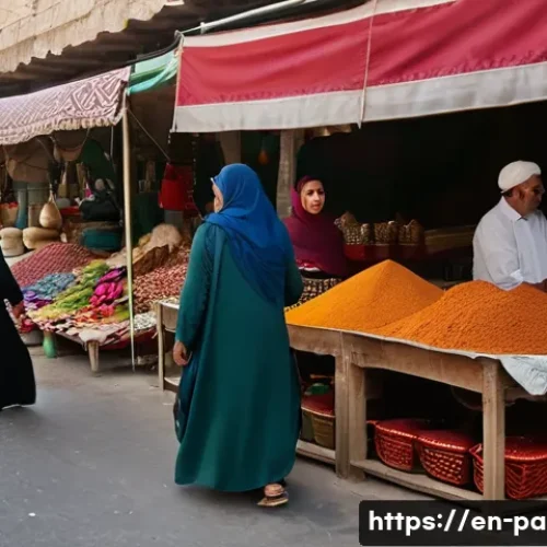팔레스타인 관광 시 주의사항 - A vibrant Palestinian street market scene during the day, with men and women dressed modestly in loo...