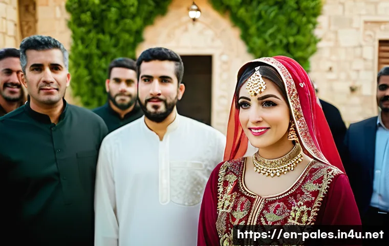 팔레스타인 결혼 문화 - A Palestinian bride wearing a richly embroidered traditional thobe dress in deep red and vibrant gre...