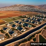 팔레스타인 국경 문제의 현재 - A detailed aerial view of the West Bank border area showcasing a complex network of roads, Israeli s...