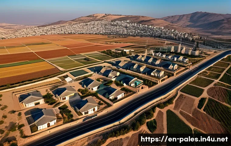 팔레스타인 국경 문제의 현재 - A detailed aerial view of the West Bank border area showcasing a complex network of roads, Israeli s...