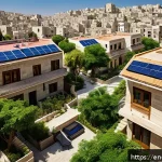 팔레스타인에서의 도시 개발 프로젝트 - A vibrant urban Palestinian neighborhood showcasing a harmonious blend of traditional stone architec...