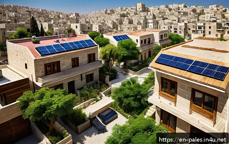 팔레스타인에서의 도시 개발 프로젝트 - A vibrant urban Palestinian neighborhood showcasing a harmonious blend of traditional stone architec...