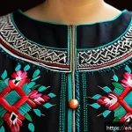 팔레스타인의 문화적 상징물 - A detailed close-up of traditional Palestinian embroidery on a woman's dress, showcasing vibrant geo...