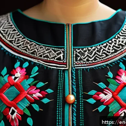 팔레스타인의 문화적 상징물 - A detailed close-up of traditional Palestinian embroidery on a woman's dress, showcasing vibrant geo...