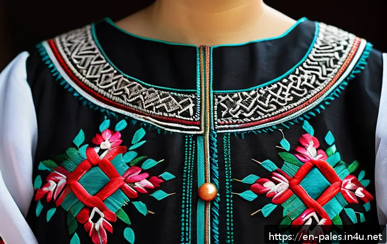 팔레스타인의 문화적 상징물 - A detailed close-up of traditional Palestinian embroidery on a woman's dress, showcasing vibrant geo...