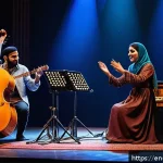 팔레스타인의 현대 음악 - A vibrant scene of a Palestinian music performance blending tradition and modernity: a skilled oud p...
