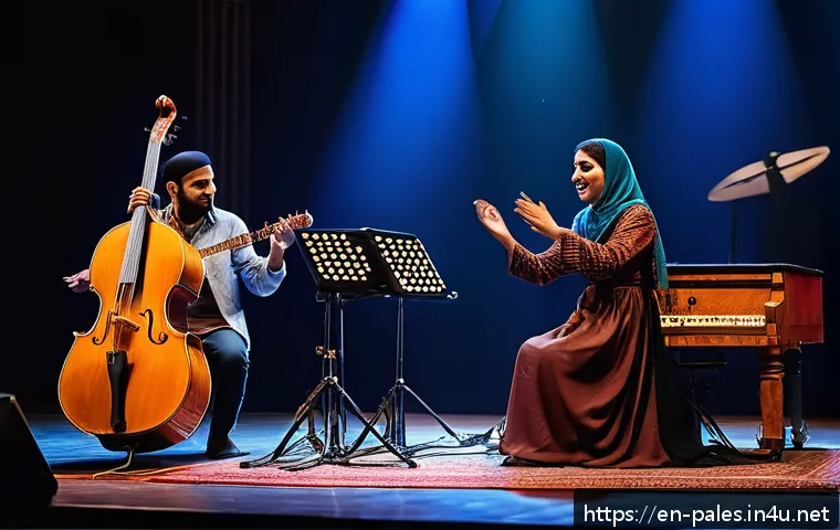 팔레스타인의 현대 음악 - A vibrant scene of a Palestinian music performance blending tradition and modernity: a skilled oud p...
