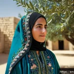 팔레스타인의 전통 의상 - A close-up portrait of a Palestinian woman wearing a traditional thobe from Hebron featuring vibrant...