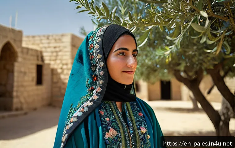 팔레스타인의 전통 의상 - A close-up portrait of a Palestinian woman wearing a traditional thobe from Hebron featuring vibrant...
