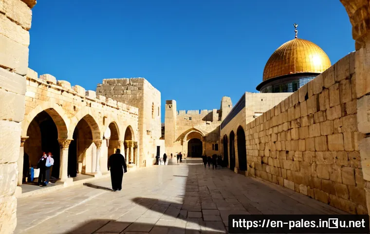 팔레스타인 주요 유적지 - Photorealistic wide-angle view of ancient limestone ruins in the Old City of Jerusalem, weathered st...